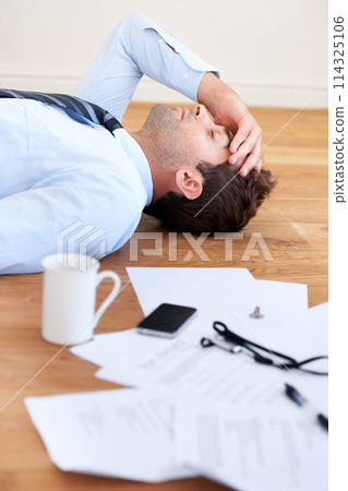 Businessman, stress and headache or burnout, floor and exhausted or mental health, paperwork and overwhelmed. Male person, migraine and tired or frustrated, rest and fatigue for mistake and fail Businessman, stress and headache or burnout, floor and exhausted or mental health, paperwork and overwhelmed. Male person, migraine and tired or frustrated, rest and fatigue for mistake and fail 114325106