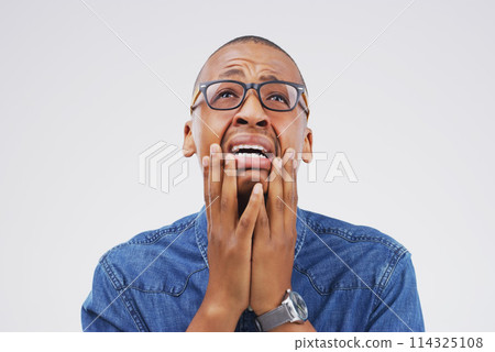 Depression, crying or businessman in studio with stress for startup, fail or bankruptcy on white background. Anxiety, burnout and tears by hopeless entrepreneur with mental health, crisis or mistake Depression, crying or businessman in studio with stress for startup, fail or bankruptcy on white background. Anxiety, burnout and tears by hopeless entrepreneur with mental health, crisis or mistake 114325108