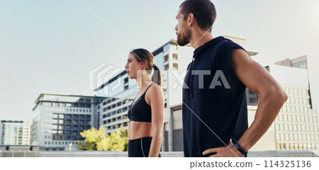 Man, woman and thinking of fitness, workout and exercise in city with partnership for training. Friends, collaboration and personal trainer outdoor for wellness, success and teamwork in summer 114325136