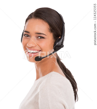 Call center, portrait or happy woman consulting in studio for contact us, faq or customer service on white background. Telemarketing, crm and female consultant face with loan advice, help or support 114325355