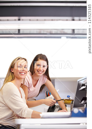 Professional women, computer and teamwork portrait in office for human resources management, planning or schedule. Business people or manager in workspace on desktop for feedback, helping or advice 114325385