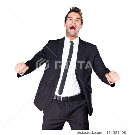 Portrait, business and man with celebration, excited and employee isolated on a white studio background. Person, model and entrepreneur with promotion and bonus with giveaway and achievement with joy 114325408