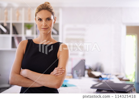 Fashion designer, crossed arms and portrait of woman in office for design, workshop and startup career. Professional, creative workplace and business person with clothing, fabric and textile boutique Fashion designer, crossed arms and portrait of woman in office for design, workshop and startup career. Professional, creative workplace and business person with clothing, fabric and textile boutique 114325418