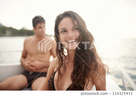 Woman, thinking and boat with man, ocean journey for happy vacation and travel in Italy. Dream, memory and remember romantic adventure for love, bonding and trust in relationship with transport Woman, thinking and boat with man, ocean journey for happy vacation and travel in Italy. Dream, memory and remember romantic adventure for love, bonding and trust in relationship with transport 114325431