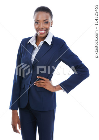 Portrait, business and happy black woman with confidence in studio isolated on a white background. Job, smile and professional lawyer in suit, attorney and African employee working on career in Kenya Portrait, business and happy black woman with confidence in studio isolated on a white background. Job, smile and professional lawyer in suit, attorney and African employee working on career in Kenya 114325455