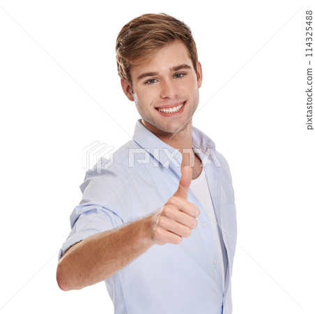 Man, portrait and thumbs up for approval or agreement in studio, satisfaction and happy for yes. Male person, smile and like emoji for feedback or review on white background, promotion and support 114325488