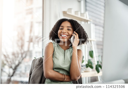 Black woman, business and phone call or portrait in office as graphic designer for creative communication, brief or laugh. Female person, smile and computer at startup agency, discussion or network 114325506