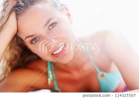 Summer, travel and bikini with portrait of woman on holiday for swimming, relax and vacation. Tropical, happy and calm with face of person and sunbathing for outdoor, peace and swimwear mockup 114325507