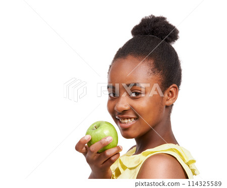 Space, health and portrait of girl and apple in studio for nutrition, wellness and diet. Food, self care and vitamin c with face of African student and fruit on white background for fiber mockup 114325589