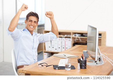 Excited businessman, portrait and fist pump in celebration for winning, success or bonus promotion at office. Happy man or employee smile by desk for prize, deal or good news on computer at workplace 114325590