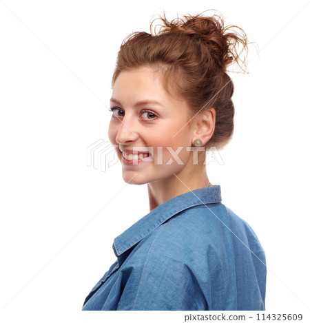 Portrait, smile and woman model for fashion, happy and studio on white background. Face, confident and attractive female with denim, aesthetic or trendy contemporary style and look over shoulder Portrait, smile and woman model for fashion, happy and studio on white background. Face, confident and attractive female with denim, aesthetic or trendy contemporary style and look over shoulder 114325609