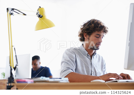 Computer, typing and business man programming, working or planning project in creative startup. Desktop, serious professional and developer at table for information technology, software and coding Computer, typing and business man programming, working or planning project in creative startup. Desktop, serious professional and developer at table for information technology, software and coding 114325624