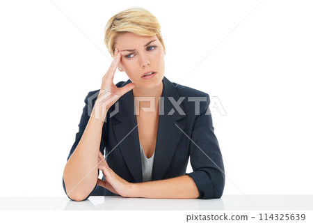 Headache, business woman and thinking of stress, anxiety or mental health in studio on white background. Worry, confused worker and crisis of burnout, brain fog and fatigue of mistake, doubt and debt 114325639