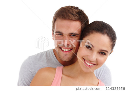 Couple, portrait and smile with hug in studio for healthy relationship, anniversary date and summer holiday. Mockup, man and woman with embrace, happiness and affection on trip on white background 114325656