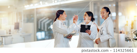 Scientist, high five and research success on tablet for teamwork, medical goals and achievement in laboratory. Science students or women group with wow, solution and check data on digital technology 114325661