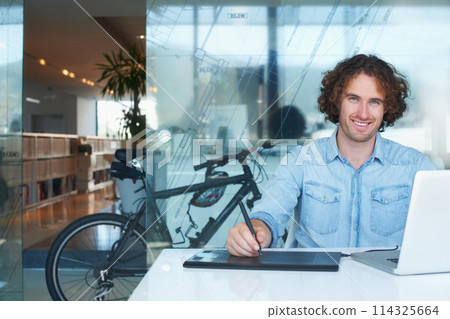 Business man, sketch tablet and laptop for website design, online illustration and planning in office portrait. Young graphic designer or artist on digital technology, computer and screen for drawing 114325664
