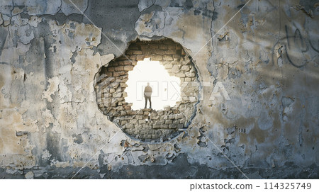 Man behind a hole in the wall Man behind a hole in the wall 114325749