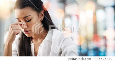 Woman, anxiety and headache in office for work stress, worry and burnout for project management. Young professional worker, mexican and thinking of deadline, angry boss and review in bokeh close up Woman, anxiety and headache in office for work stress, worry and burnout for project management. Young professional worker, mexican and thinking of deadline, angry boss and review in bokeh close up 114325840