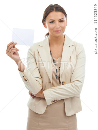 Happy woman, portrait and business card for advertising or marketing on a white studio background. Young female person or employee smile with poster, empty sign or paper on mockup space for branding Happy woman, portrait and business card for advertising or marketing on a white studio background. Young female person or employee smile with poster, empty sign or paper on mockup space for branding 114325849