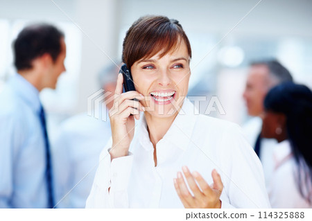 Happy woman, phone call and laughing for funny joke, communication or networking at office. Female person or business employee smile and talking on mobile smartphone for fun conversation workplace 114325888