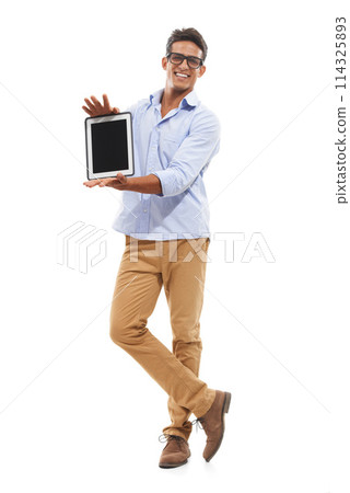 Happy man, tablet screen and mockup in studio for e learning website, presentation or online education. Portrait of teacher or professor with digital technology for registration on a white background Happy man, tablet screen and mockup in studio for e learning website, presentation or online education. Portrait of teacher or professor with digital technology for registration on a white background 114325893