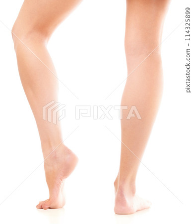 Skincare, beauty and legs of person on a white background for grooming, waxing and wellness. Dermatology, salon aesthetic and isolated feet for smooth skin, spa treatment and epilation in studio 114325899