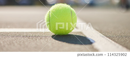 Tennis court, ball and fitness outdoor on asphalt and ground with sport, workout and competition equipment. Training, turf and exercise with shadow of game gear ready for a match and serve in sun 114325902