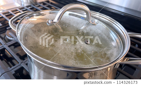 Captured in a home kitchen, this image features a stainless steel pot with boiling water on a gas stove, showcasing a common culinary preparation step with steam rising from the pot under natural Captured in a home kitchen, this image features a stainless steel pot with boiling water on a gas stove, showcasing a common culinary preparation step with steam rising from the pot under natural 114326173
