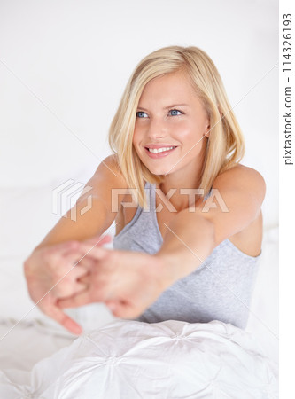 Happy, woman and wake up stretching on bed in home with ideas for morning and excited for future. Healthy, person and girl relax in bedroom on holiday, vacation or wellness from rest in apartment Happy, woman and wake up stretching on bed in home with ideas for morning and excited for future. Healthy, person and girl relax in bedroom on holiday, vacation or wellness from rest in apartment 114326193