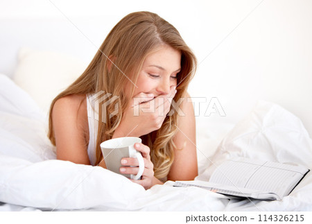Bedroom, notebook and relax happy woman reading, laughing and shocked with funny schedule, calendar or notes. Journal planner, home bed and morning person check information, checklist or diary 114326215