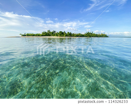 Beautiful small tropical island in the middle of the ocean against the backdrop of clear water and blue sky 114326233