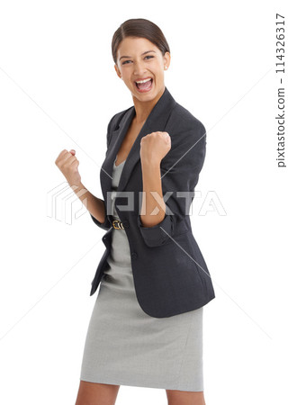 Business, woman and yes in studio for success, winning and achievement with wow, fist and celebration. Portrait of an excited worker or winner with goals for human resources on a white background Business, woman and yes in studio for success, winning and achievement with wow, fist and celebration. Portrait of an excited worker or winner with goals for human resources on a white background 114326317