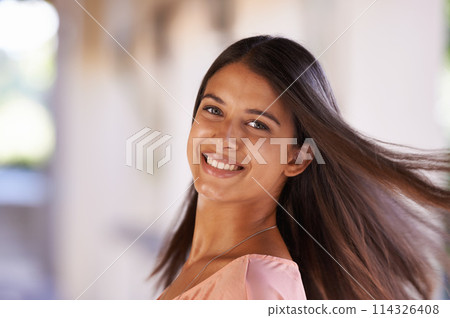 Hair, portrait or happy woman outdoor for beauty, cosmetics or salon, treatment or results. Face, smile and female person outside with haircare, shampoo or keratin, growth or texture satisfaction Hair, portrait or happy woman outdoor for beauty, cosmetics or salon, treatment or results. Face, smile and female person outside with haircare, shampoo or keratin, growth or texture satisfaction 114326408