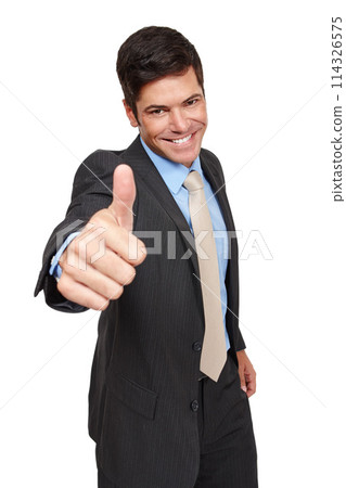 Businessman, portrait and happy with suit, isolated and achievement in studio or white background. Male person, confidence and smiling in backdrop for recruitment, hiring and job opportunity 114326575