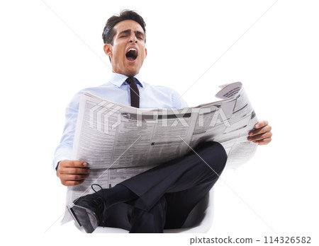 Business man, reading newspaper and studio with yawn, tired or finance information by white background. Person, newsletter or paper with fatigue, burnout and learning for stats, index or stock market 114326582
