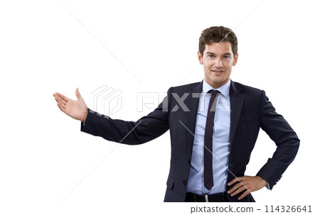 Hand, gesture and portrait of businessman in mockup, space and blank advertising in studio. Confident, entrepreneur and gesture to show choice in white background for announcement or presentation Hand, gesture and portrait of businessman in mockup, space and blank advertising in studio. Confident, entrepreneur and gesture to show choice in white background for announcement or presentation 114326641