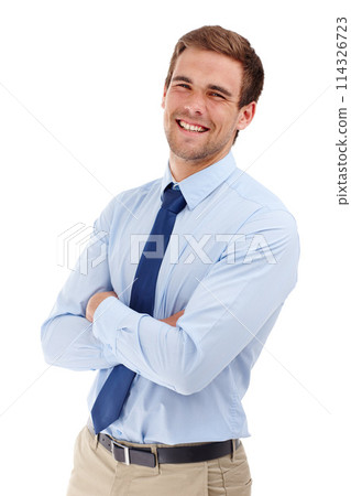 Business man, arms crossed and portrait with confidence, laugh and happy from career in studio. Professional, funny joke and entrepreneur with corporate fashion and style with white background Business man, arms crossed and portrait with confidence, laugh and happy from career in studio. Professional, funny joke and entrepreneur with corporate fashion and style with white background 114326723