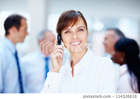 Business woman, phone call and portrait in office of lawyer with confidence and smile. Happy, working and company employee with attorney networking and law firm legal discussion with corporate staff 114326818