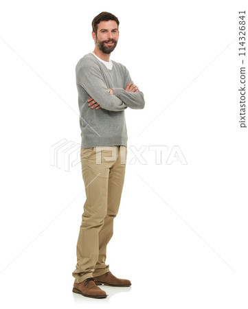 Happy, man and portrait with arms crossed in studio with casual fashion, confidence and mock up space. Person, model and face with smile, pride and calm expression for edgy outfit on white background 114326841