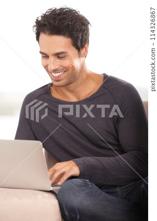 Happy man, work from home and computer for marketing, copywriting and planning or research on website and sofa. Startup freelancer or blog writer relax on couch with laptop, internet or happy project 114326867
