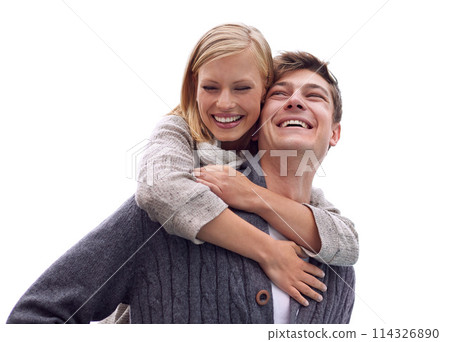 Couple, piggy back and outdoor with hug for smile together on vacation, walk and adventure. Man, woman and embrace with care, bonding and holiday with love by sky for memory on Valentines Day date Couple, piggy back and outdoor with hug for smile together on vacation, walk and adventure. Man, woman and embrace with care, bonding and holiday with love by sky for memory on Valentines Day date 114326890