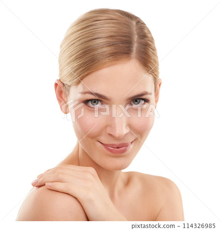 Beauty, skincare and portrait of woman with cosmetics, confidence and natural facial in studio. Dermatology, healthy skin and girl on white background with spa treatment, self care and wellness. 114326985