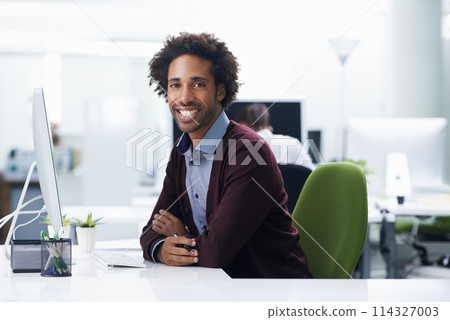 Portrait, computer or design and happy black man in office with creative career mission or mindset. Creative, startup and agency with smile of young designer in artistic workplace for employment 114327003