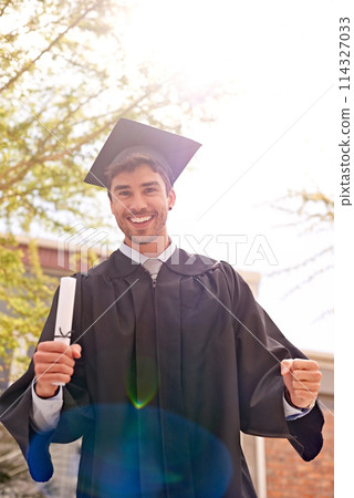 Success, graduate and portrait of man with diploma for qualification, education and degree on graduation day. Winner, university youth and certificate for achievement, celebration and scholarship 114327033