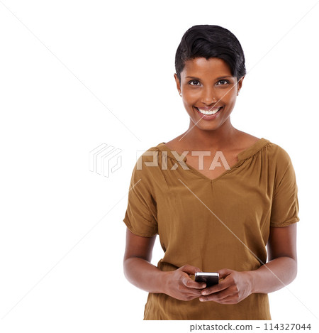 Woman, phone and texting in studio portrait with space, mockup and connection by white background. Girl, model and person with smartphone for promotion, contact and smile with app for social network Woman, phone and texting in studio portrait with space, mockup and connection by white background. Girl, model and person with smartphone for promotion, contact and smile with app for social network 114327044