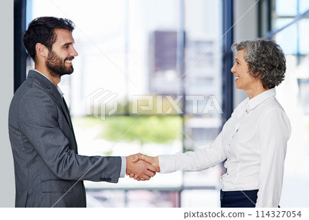 Business people, handshake and meeting with deal in partnership, b2b or hiring at office. Happy businessman and woman shaking hands with smile for thank you, greeting or introduction at workplace Business people, handshake and meeting with deal in partnership, b2b or hiring at office. Happy businessman and woman shaking hands with smile for thank you, greeting or introduction at workplace 114327054