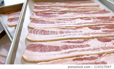 Neatly arranged raw bacon strips on a baking tray, prepared for cooking, capturing the fresh, uncooked look of this popular breakfast ingredient before it turns crispy and golden. Neatly arranged raw bacon strips on a baking tray, prepared for cooking, capturing the fresh, uncooked look of this popular breakfast ingredient before it turns crispy and golden. 114327097