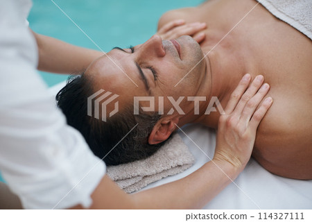 Spa, man and hands with massage for skincare at resort, luxury hotel and vacation for relax and therapeutic pamper. People, masseuse and body care with shoulder treatment, hospitality and zen outdoor Spa, man and hands with massage for skincare at resort, luxury hotel and vacation for relax and therapeutic pamper. People, masseuse and body care with shoulder treatment, hospitality and zen outdoor 114327111