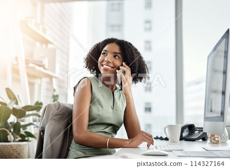 Happy, black woman and discussion with phone call for business proposal or communication at office. Young African, female person or financial advisor with smile on mobile smartphone for conversation 114327164