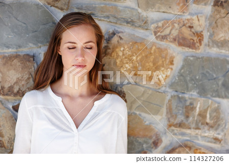 Woman, wall and calm to relax for zen with eyes closed to breathe for wellness or mental health and mind to body connection. Female person, peace and mindfulness for meditation or stress relief Woman, wall and calm to relax for zen with eyes closed to breathe for wellness or mental health and mind to body connection. Female person, peace and mindfulness for meditation or stress relief 114327206